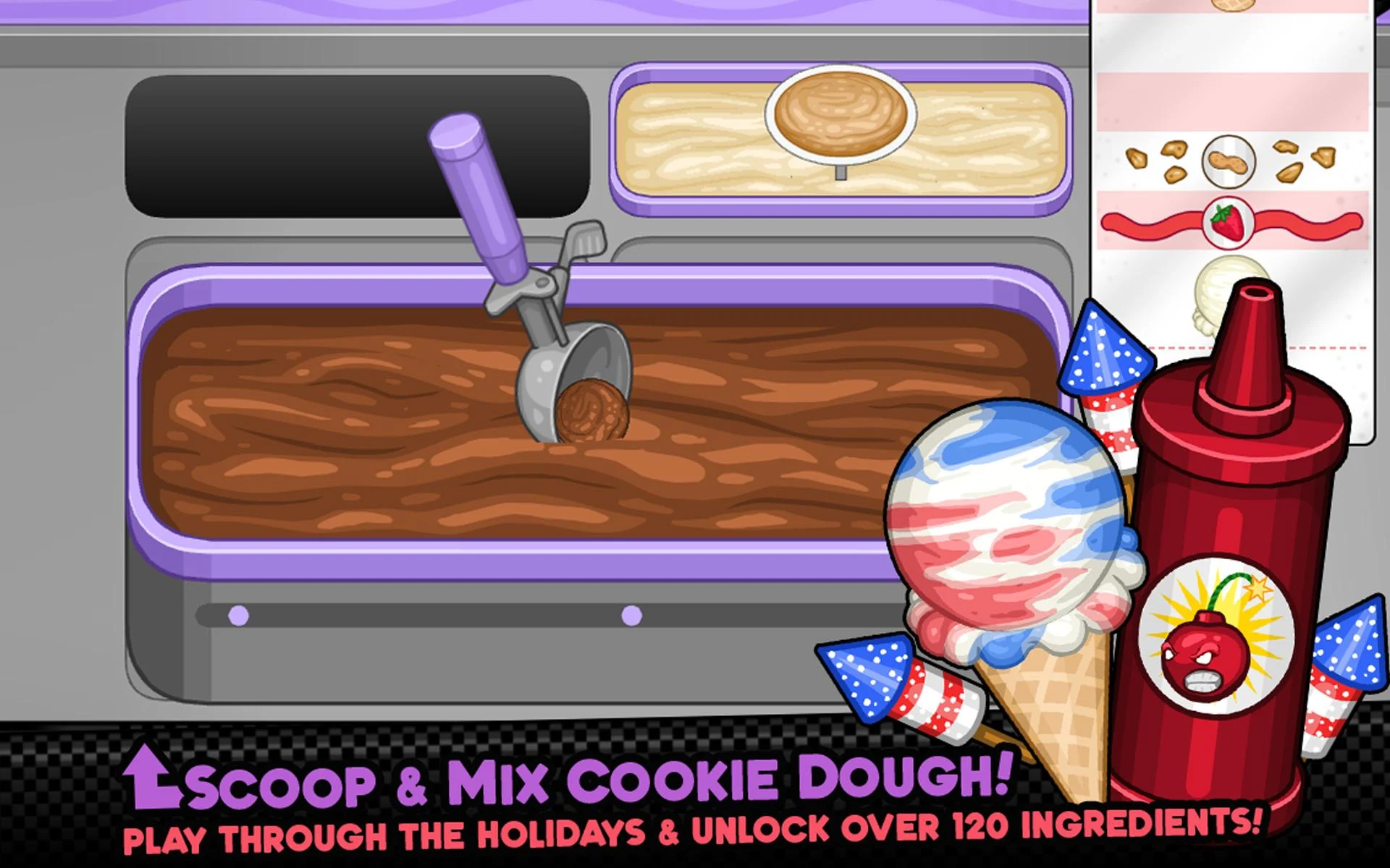 Kolorowe desery lodowe z Papa's Scooperia z ciasteczkami i polewą