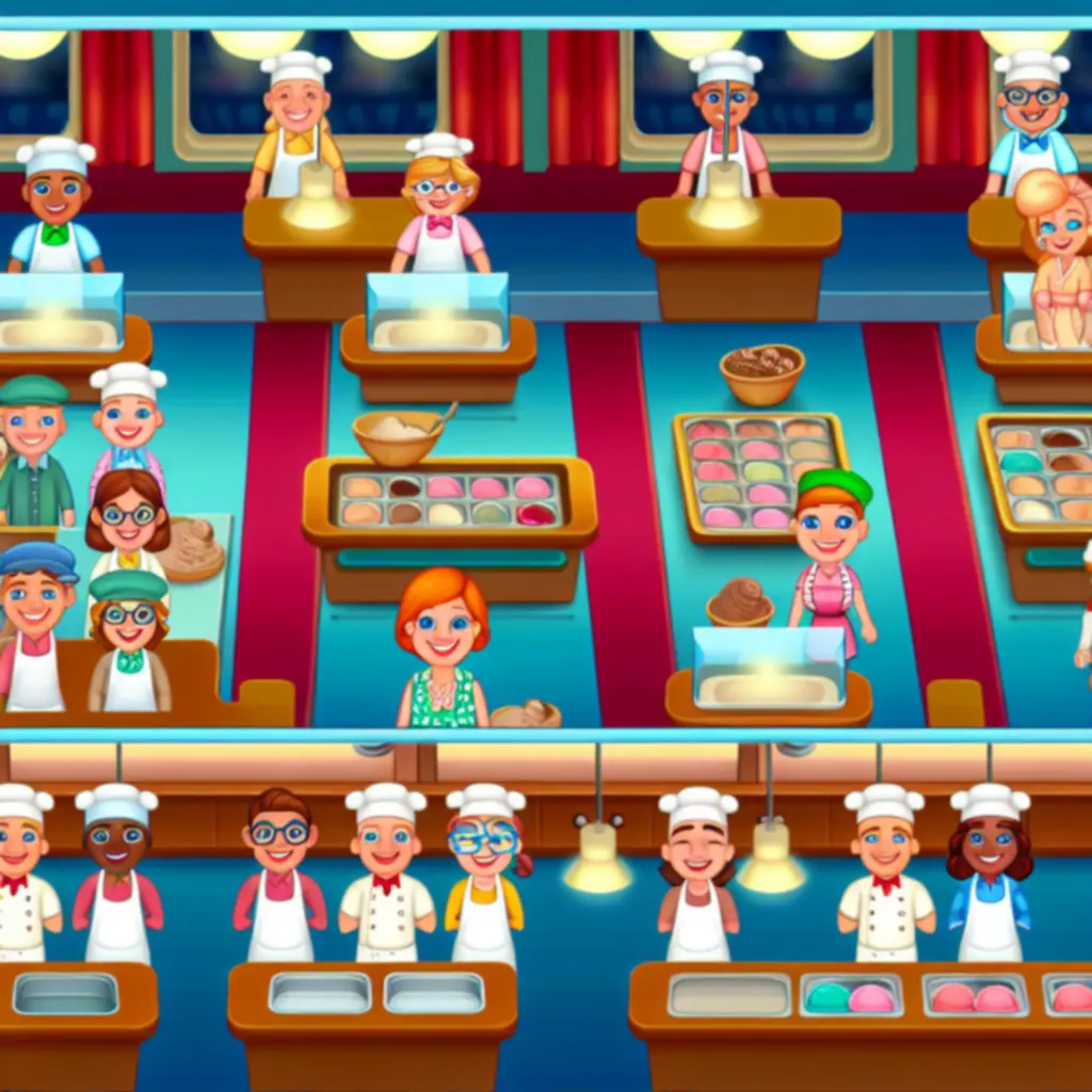 Pracownicy pomagający w prowadzeniu lodziarni w Papa’s Scooperia