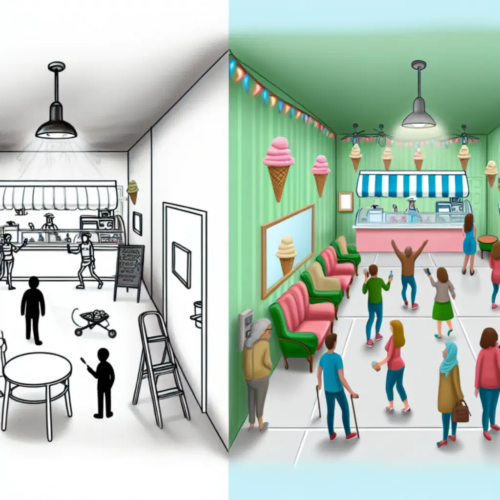 Porównanie wyglądu stoiska w Papa’s Scooperia przed i po zastosowaniu licznych ulepszeń.