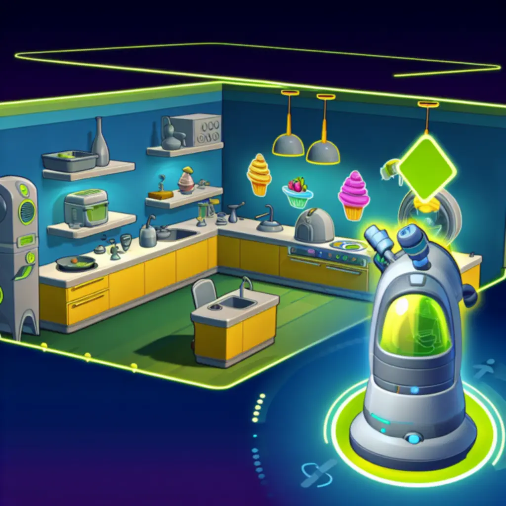 Zmodernizowane stanowisko kuchenne w Papa’s Scooperia z ulepszonym mikserem, piekarnikiem i maszyną do lodów.