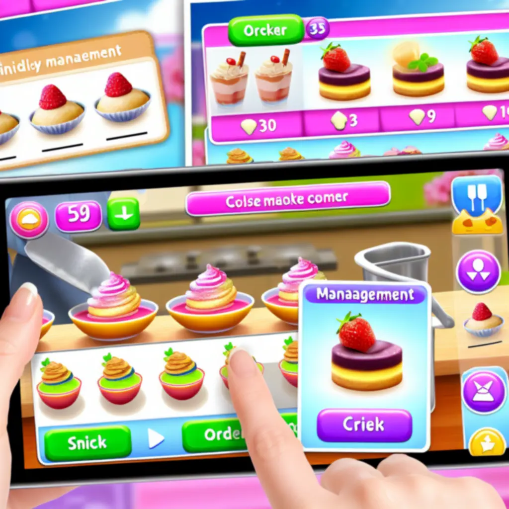 Ekran gry Papa’s Scooperia z kilkoma aktywnymi zamówieniami i kilkoma deserami w przygotowaniu.