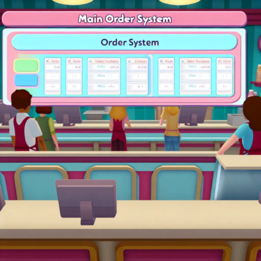 Ekran zamówień w grze Papa’s Scooperia z kilkoma klientami oczekującymi w kolejce.